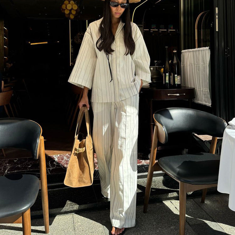 Striped Shirt Trousers Women Polo Collar Three Quarter Length Sleeves Cardigan Top Loose Wide Leg Pants Two Piece Set