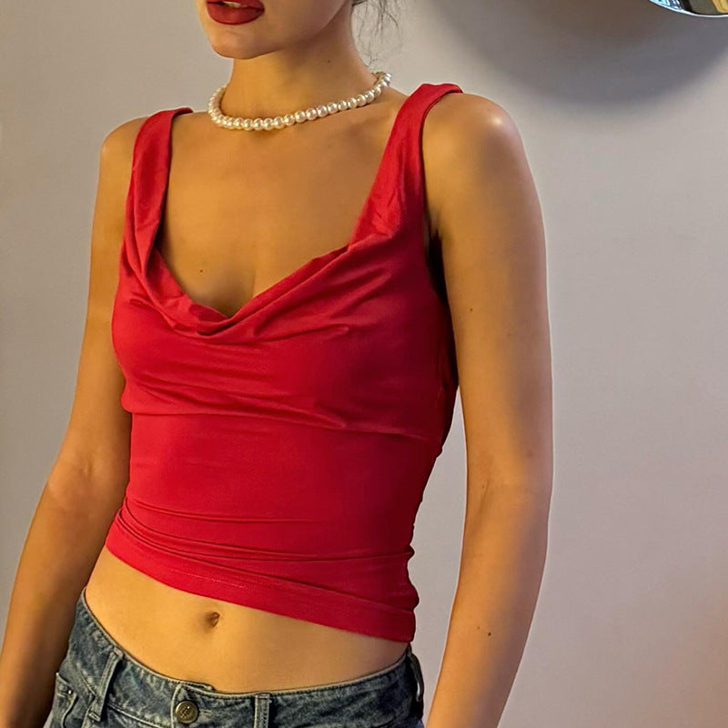 Outdoor Sexy Chain Backless Top Summer All Match Pleated Women