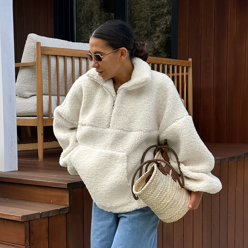 Autumn Winter Personalized Beige Knit Casual Lamb Cashmere Small Stand-up Collar Puff Sleeve Plush Loose Sweatshirt Women