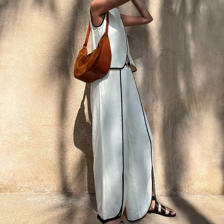 Contrast Color Vest Women Cross Design round Neck Sleeveless Top Split Trousers Two Piece Set