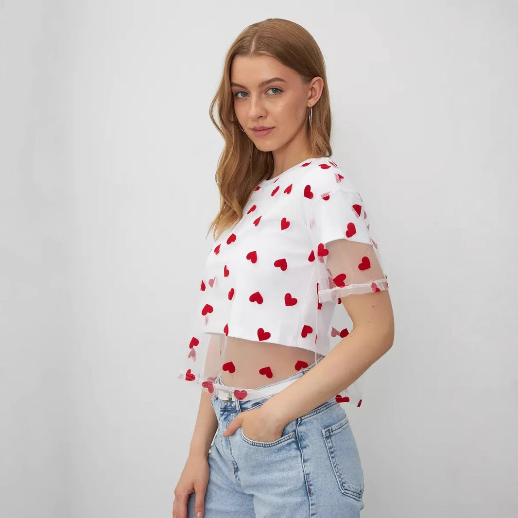Summer Love Mesh Stitching T shirt Contrast Color Women Faux Two Piece Cotton Short Top