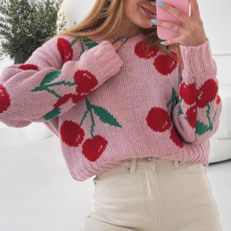 Women Autumn Winter Crew Neck Pullover Sweater Yin Peach Jacquard Casual Loose Long Sleeve Knitwear