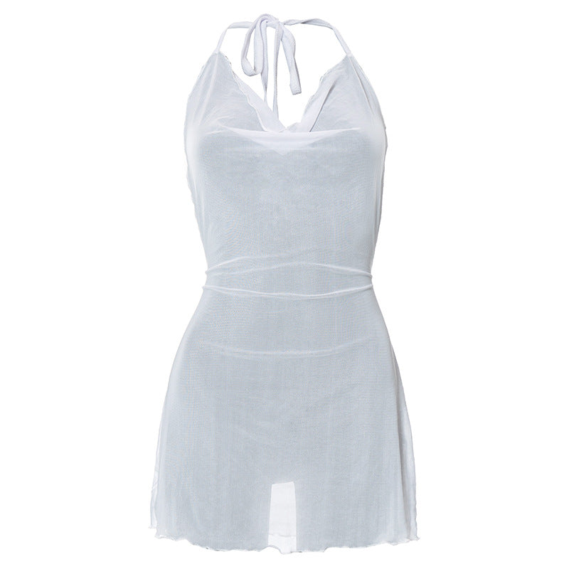 Summer Solid Color Pullover Strap Halter Cropped Outfit Micro Transparent Casual Women Short