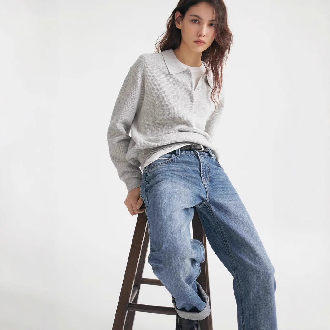 Autumn Winter Polo Collar Solid Color Sweater Women All Match Casual Pullover Sweater