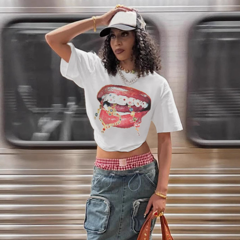Personality Big Mouth Printing Stylish T shirt Loose round Neck Short Sleeve Top Women Clothing