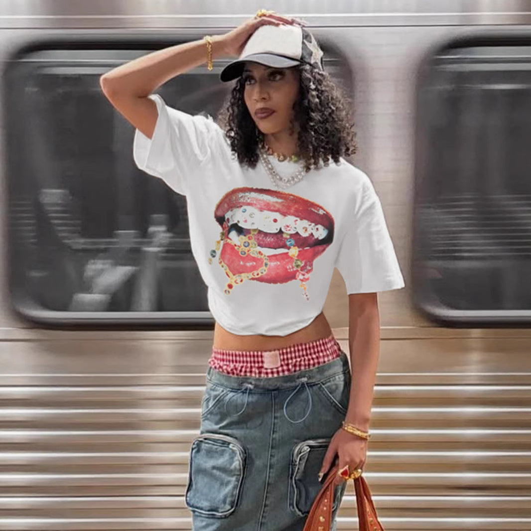 Personality Big Mouth Printing Stylish T shirt Loose round Neck Short Sleeve Top Women Clothing