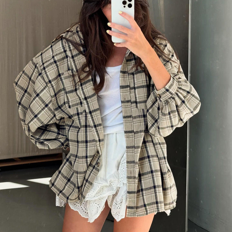 Retro Long Sleeved Pocket Plaid Women Shirt All Match Collared Loose Shirt