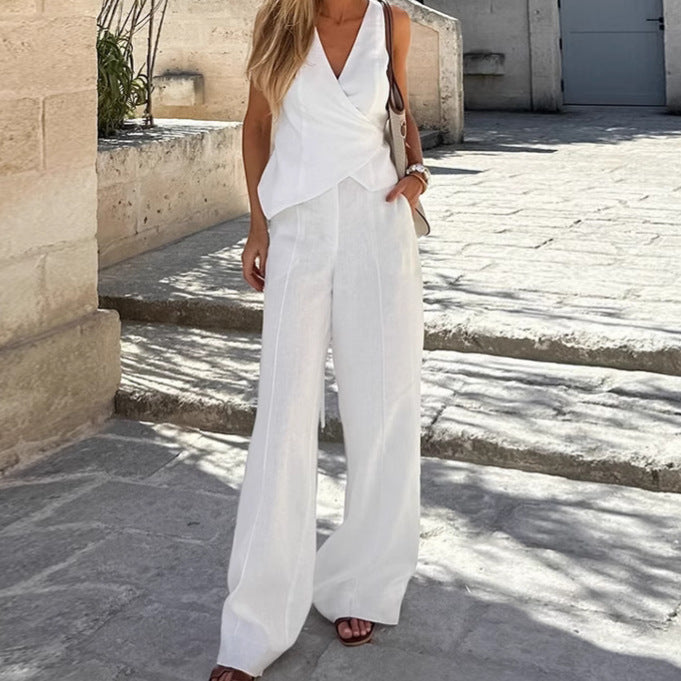 White Cotton Linen V neck Stomach Blanket Strap Vest Pants Spring Summer Two Piece Sets Women