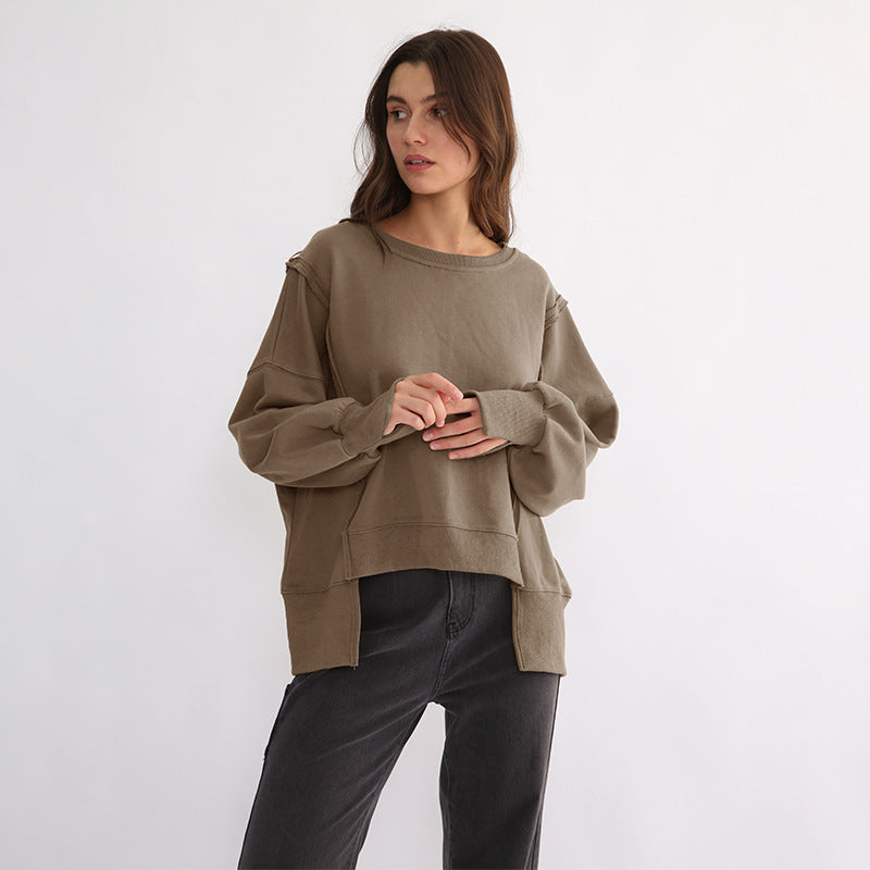 Niche Design Patchwork Sweatshirt Spring Loose Terry Hem Irregular Asymmetric Top Women