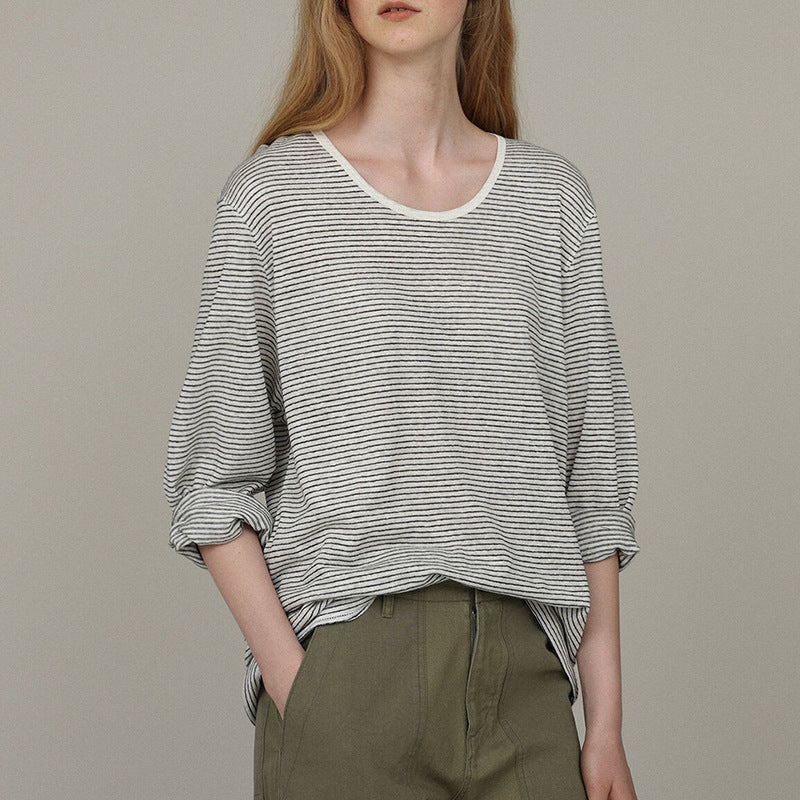 Fall Women Clothing Cotton Linen Stripes T shirt Long Sleeve Loose Korean Casual Relaxed Feeling Pullover T shirt Tops