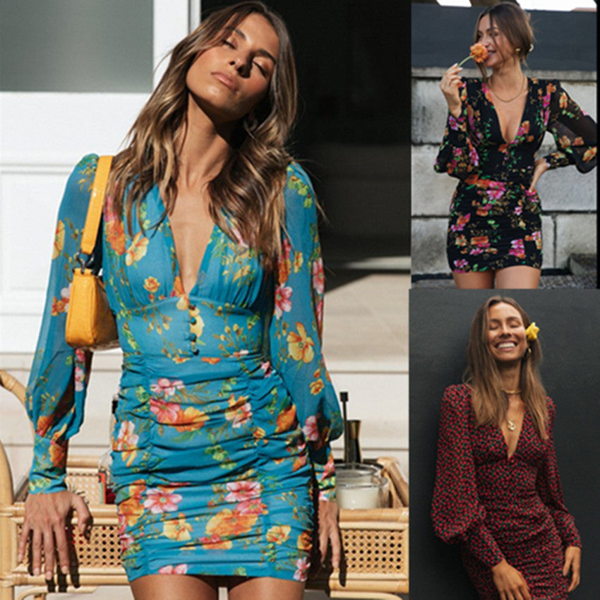 Women Clothes Sexy V-neck Lantern Sleeve Printed Pleated Dress