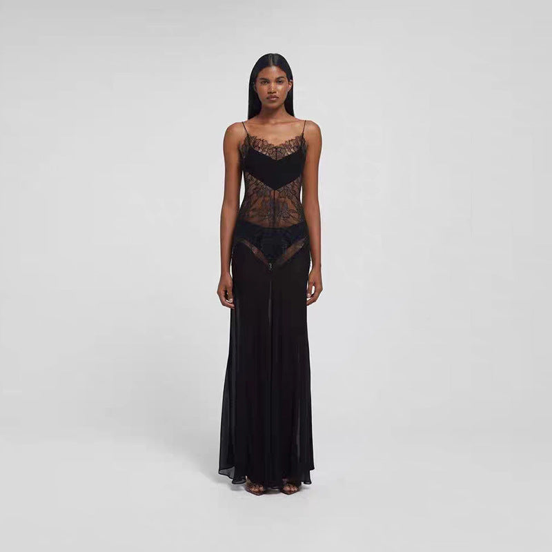 Spring Summer Women Clothing Sexy See through High Waist Slim Strap Dress Two Piece Sets