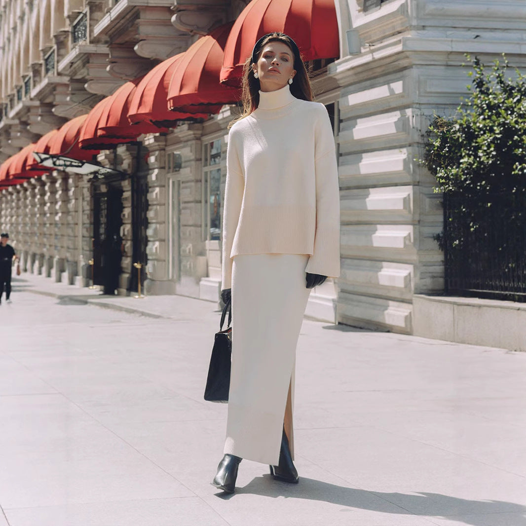 Turtleneck Sweater Skirt Set Women Autumn Winter Loose Sweater Split Skirt Set