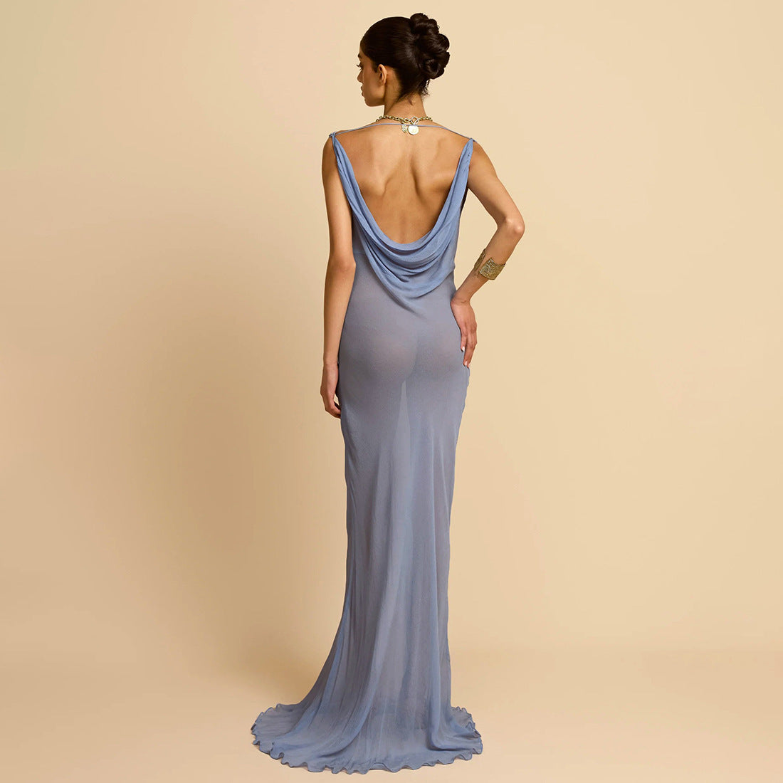 Summer Women Clothing Sexy Mesh See through Halter Backless Slim Maxi Dress