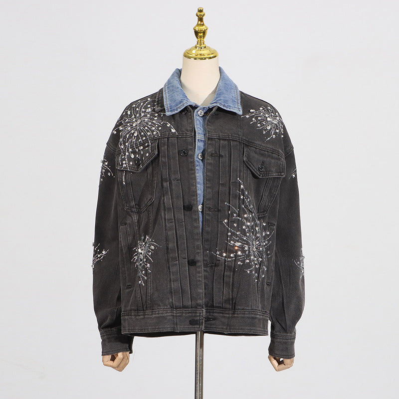 Trendy Top for Women Spring Elegant Casual Loose Diamond Collared Long Sleeve Denim Coat