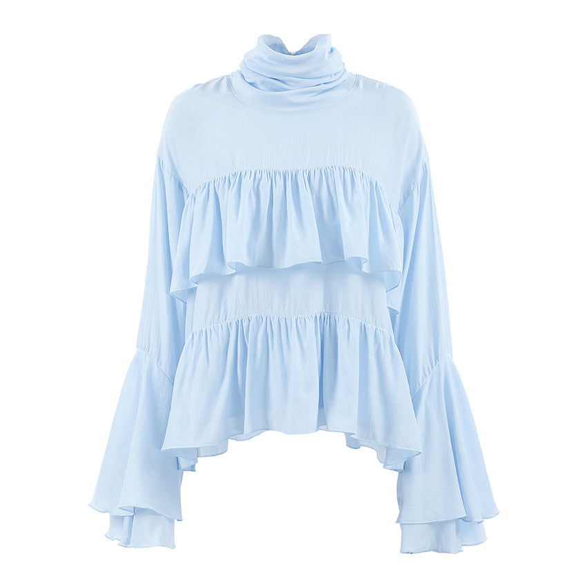 High Collar in Blue Elegant Flare Sleeve Ruffled Women Shirt Spring Summer Top