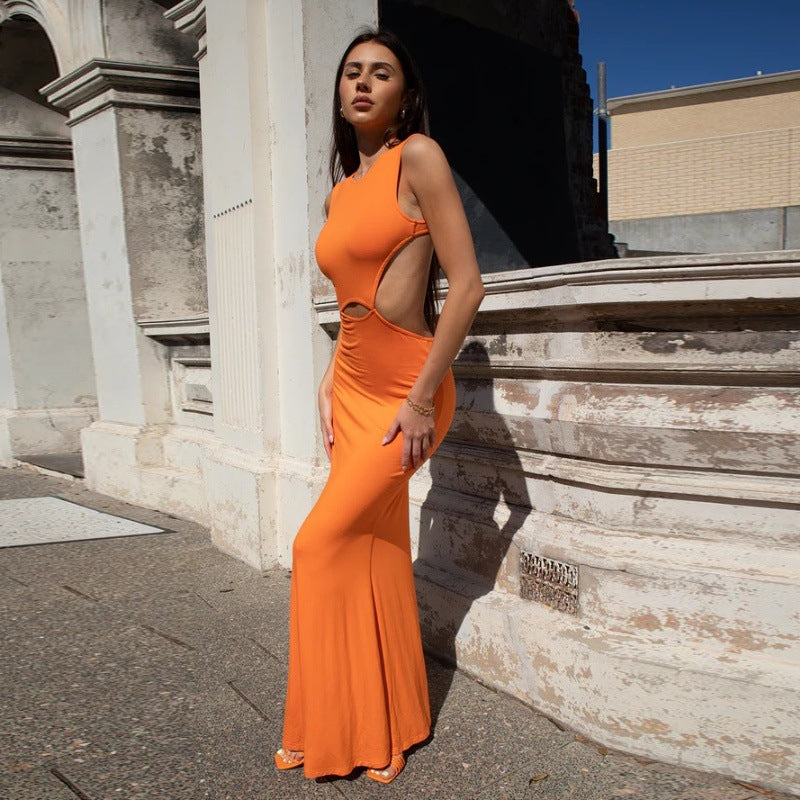 Women Clothing Summer Sexy Side Hollow Out Cutout High Waist Slim Fit Solid Color Sheath Dress Women