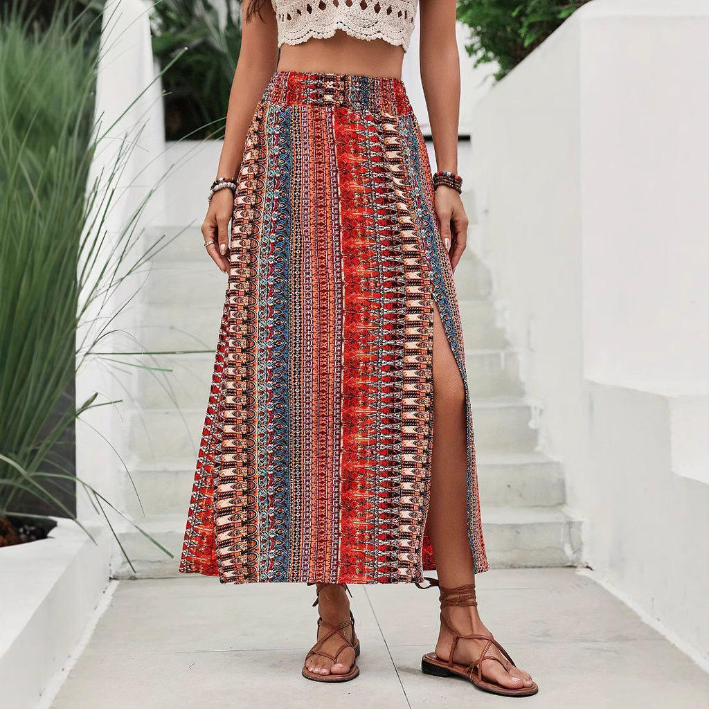 Popular Smocking Waist Trimming Printing Front Slit Casual Women Long Skirt
