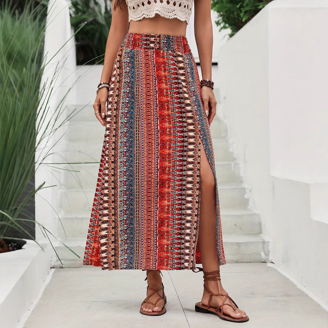 Popular Smocking Waist Trimming Printing Front Slit Casual Women Long Skirt