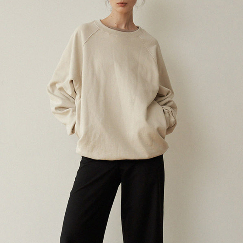 Autumn South Korea Pocket Sweatshirt Casual Women Loose Raglan Sleeve round Neck Lazy Simple Top with Pockets