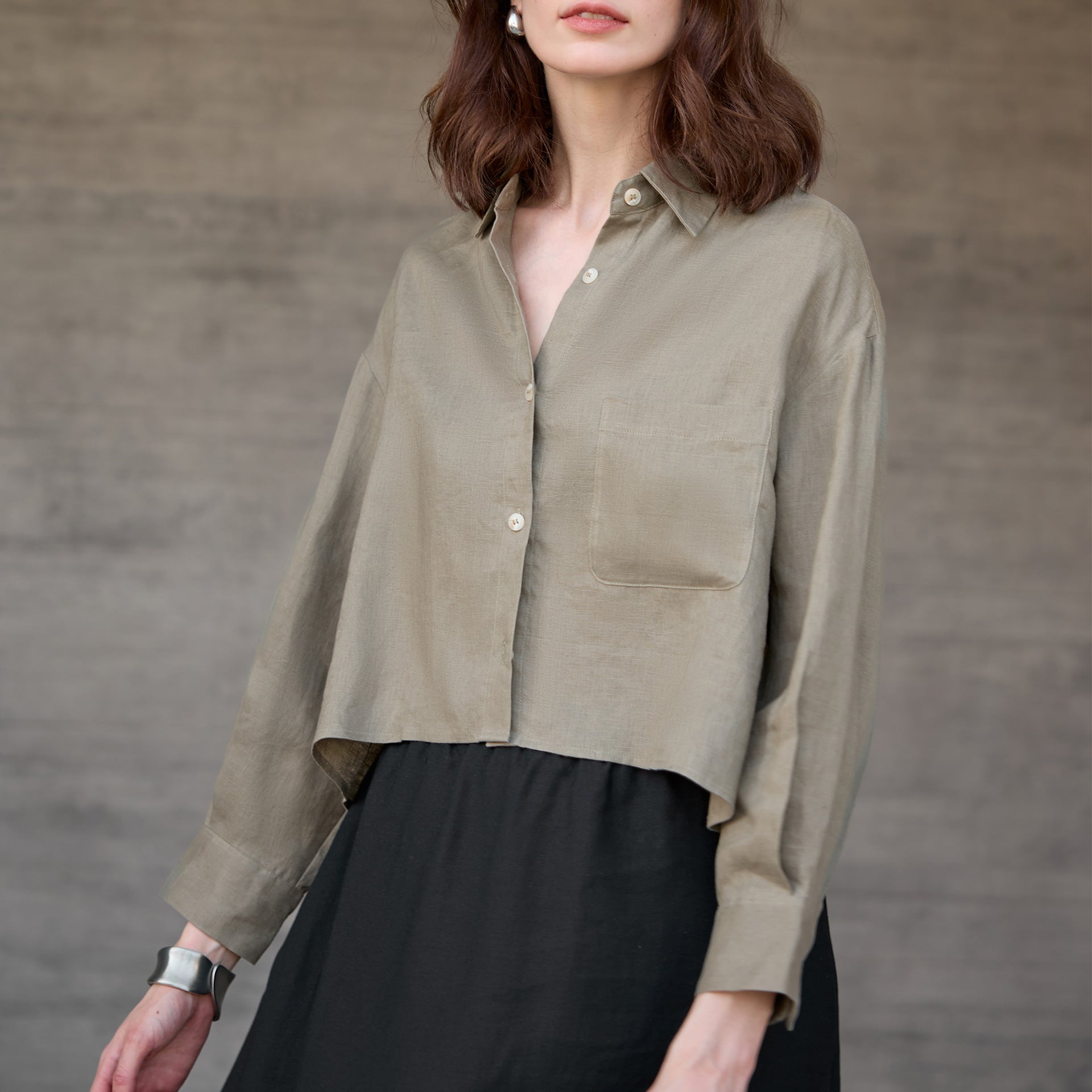 Pure Linen Long Sleeve Short Shirt for Women Office Solid Color Loose Cardigan Top Summer French Shirt