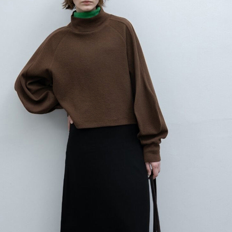 Niche High Grade Design Half Turtleneck Loose Short Gigot Sleeve Sweatshirt Women Texture Classic Pullover Top