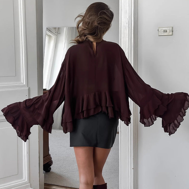 Brown Chiffon Small Stand Collar Ruffle Bell Sleeve Shirt Spring Summer Top for Women