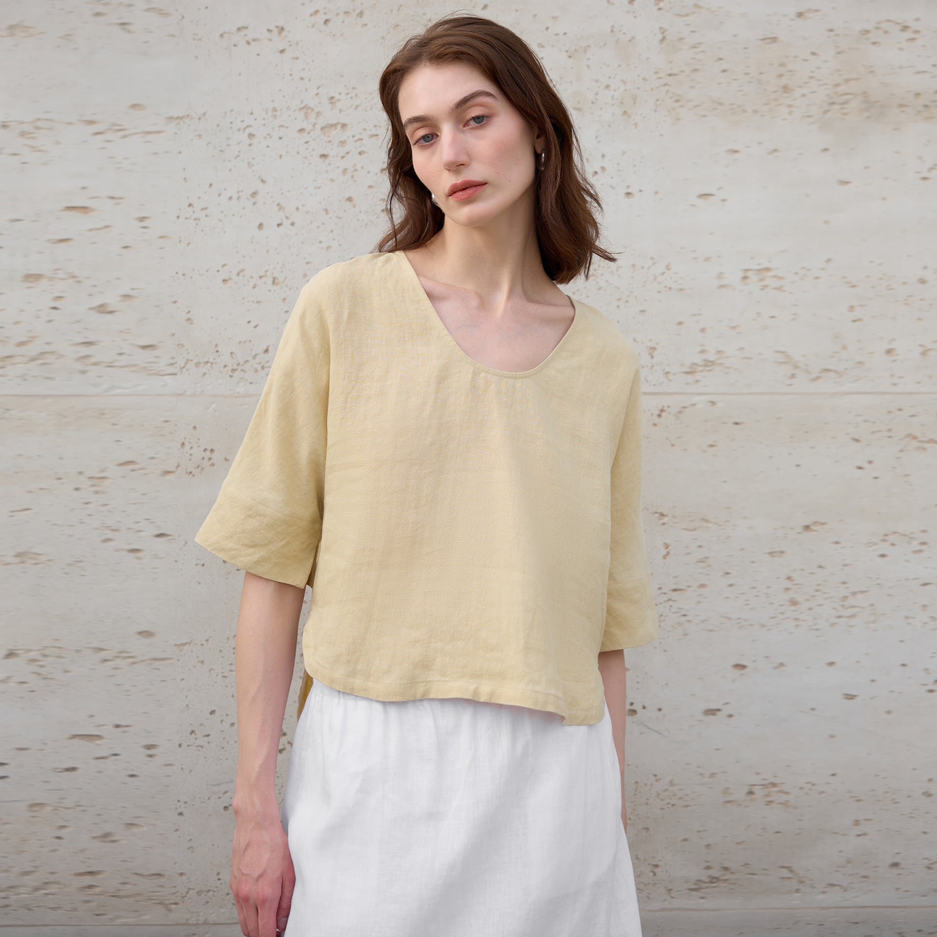 Hemp 3/4 Sleeve round Neck Top Women Front Short Back Long Design Short Sleeve Solid Color Breathable Pullover Summer