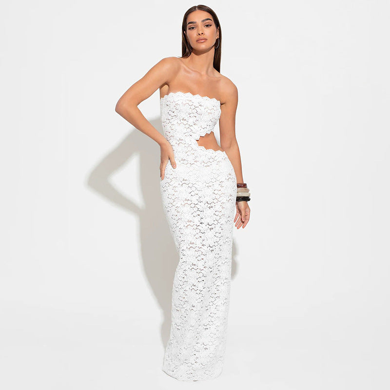 Women Clothing Solid Color Sleeveless Backless Lace Hollow Out Cutout out Slim Fit Dress