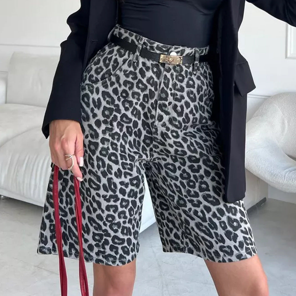 Cotton Leopard Print Shorts Summer Leopard Print Shorts Loose Casual Straight Pants