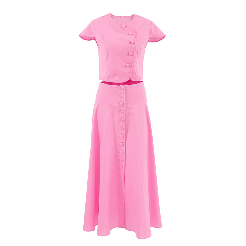 Spring Summer Pink Cotton High Waist V neck Skirt Set Women Two Piece Set