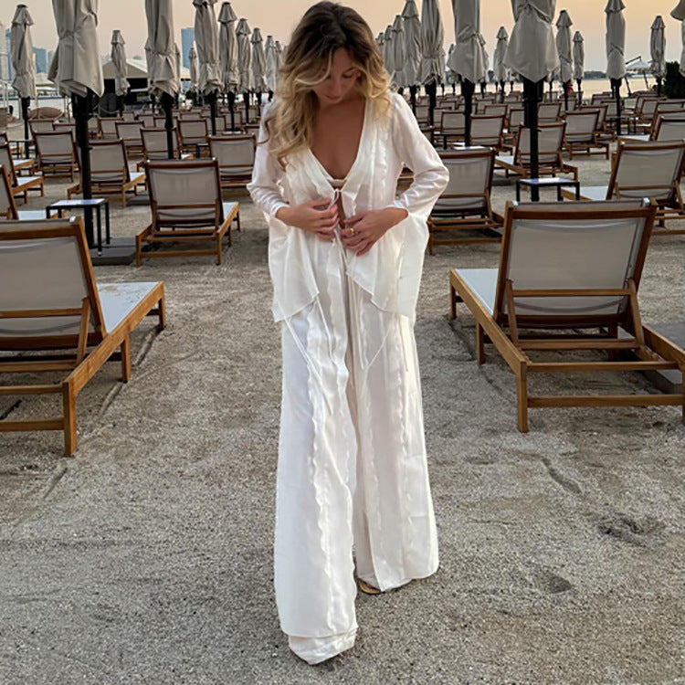 Arrival Vacation Sexy See through Lace up Waist Controlled Robe Two Piece Pants Women Clothing