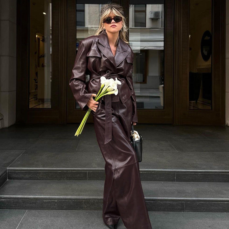 Spring Autumn Retro Green Fruit Collar with Belt Leather Coat High Waist Leather Pants Set for Women
