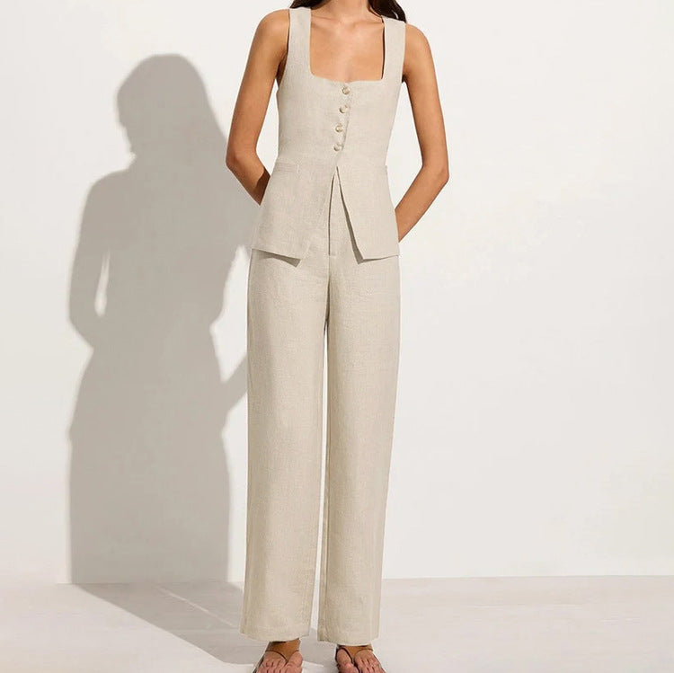 Cotton Linen Women Office Sleeveless Square Collar Lace up Vest Jacket High Waist Wide Leg Pants Two Piece Set