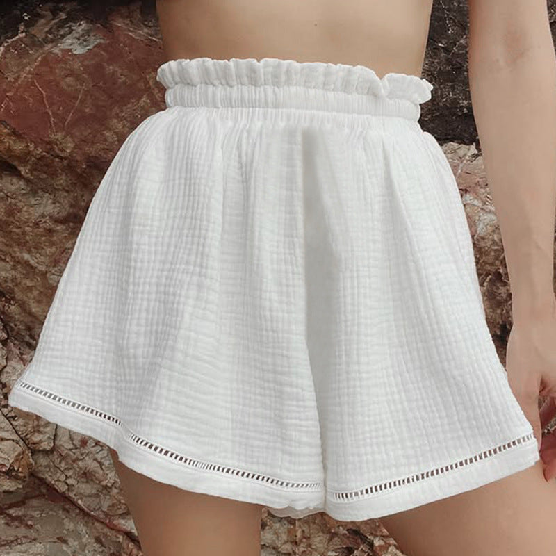 Summer Seaside Holiday Girl Bud Pantskirt White Elastic Waistband Shorts Loose Casual Cotton Shorts