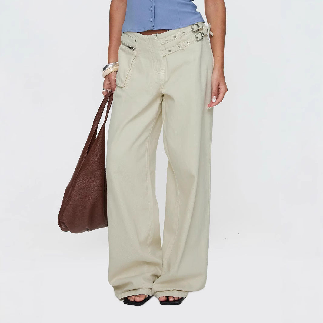 Women Personality Street Adjustable Buckle Waist Side Pocket Detail Loose Trousers