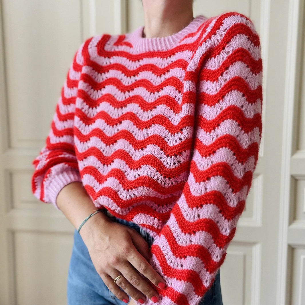 Pullover round Neck Wave Striped Women Autumn Winter Sweater Casual Long Sleeve Knitwear Top