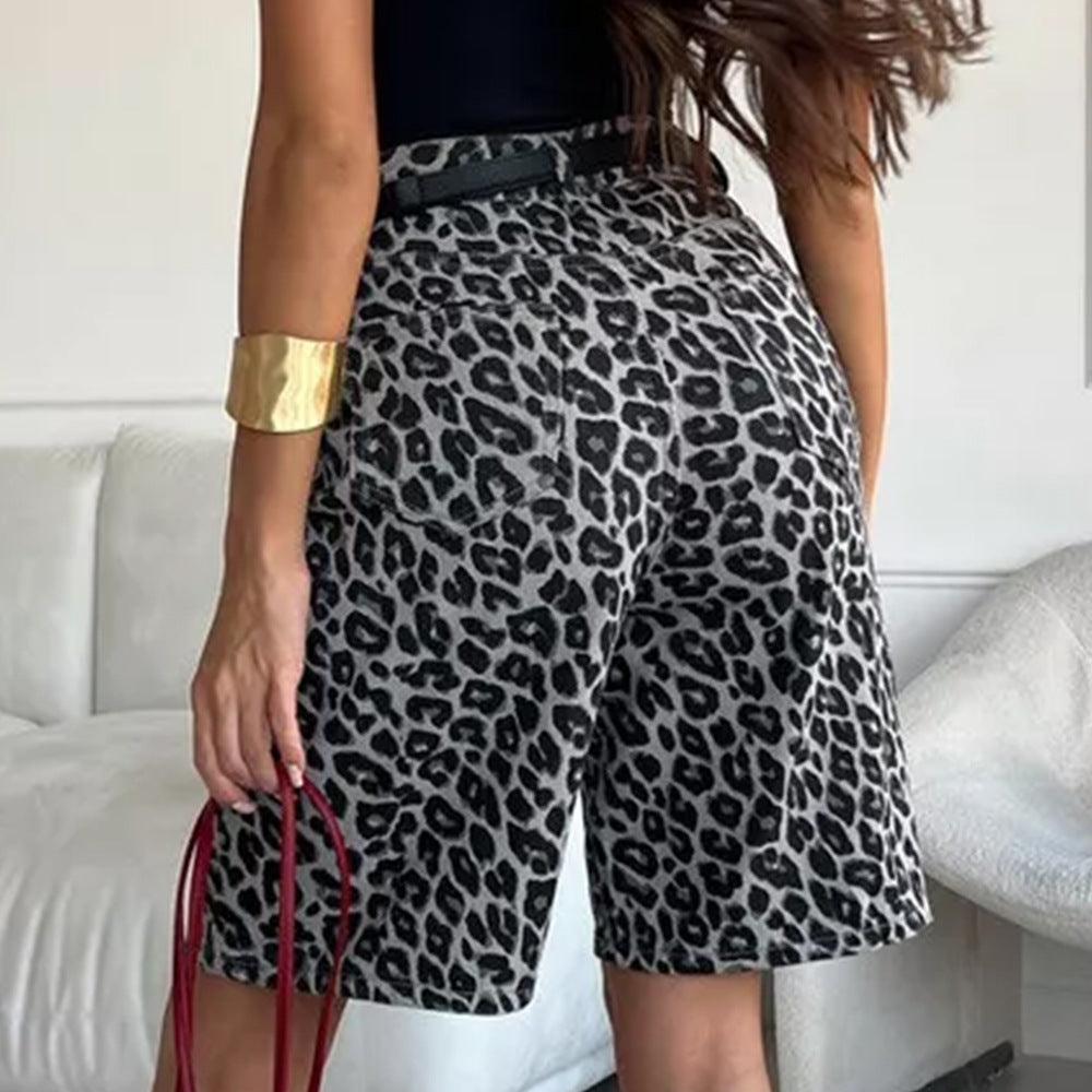 Cotton Leopard Print Shorts Summer Leopard Print Shorts Loose Casual Straight Pants
