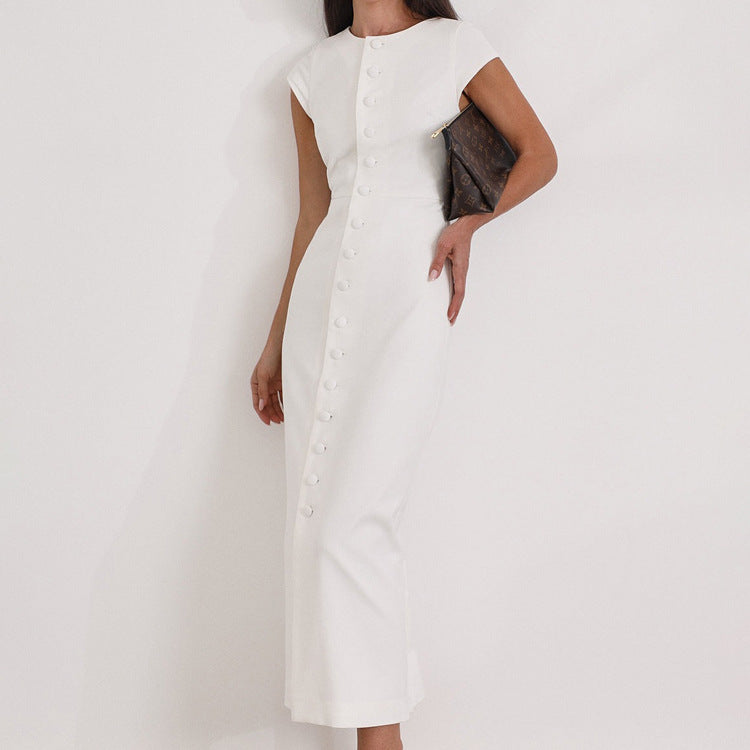 Round Neck Flying Sleeves Dress Women Elegant Waist Single Breasted White Sheath Dress