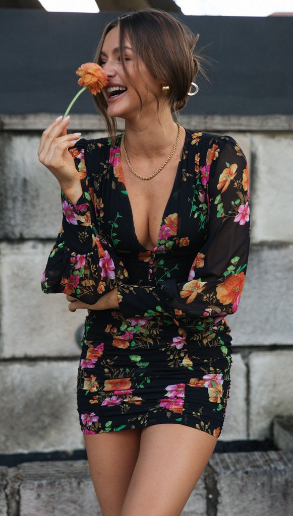 Women Clothes Sexy V-neck Lantern Sleeve Printed Pleated Dress