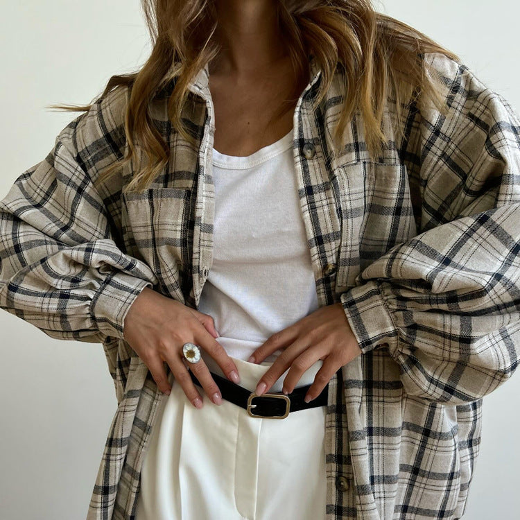 Retro Long Sleeved Pocket Plaid Women Shirt All Match Collared Loose Shirt