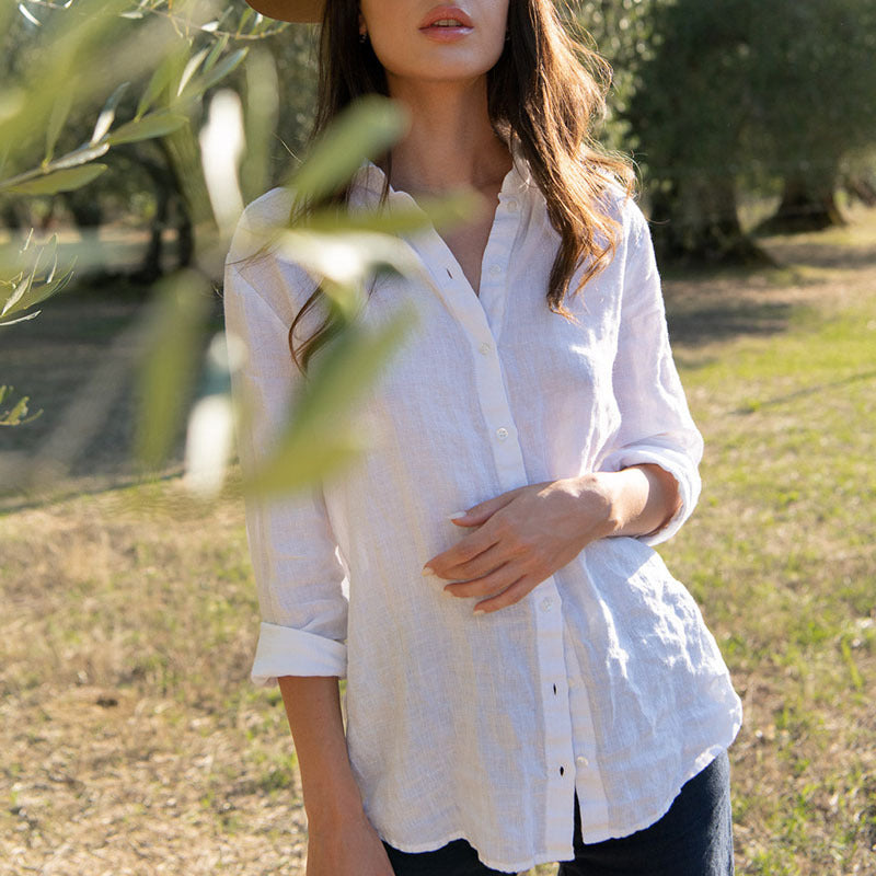 French Women Pure Linen Shirt Niche Casual Cotton Linen Slim Fit Slimming Cardigan Top Office Regular Shirt