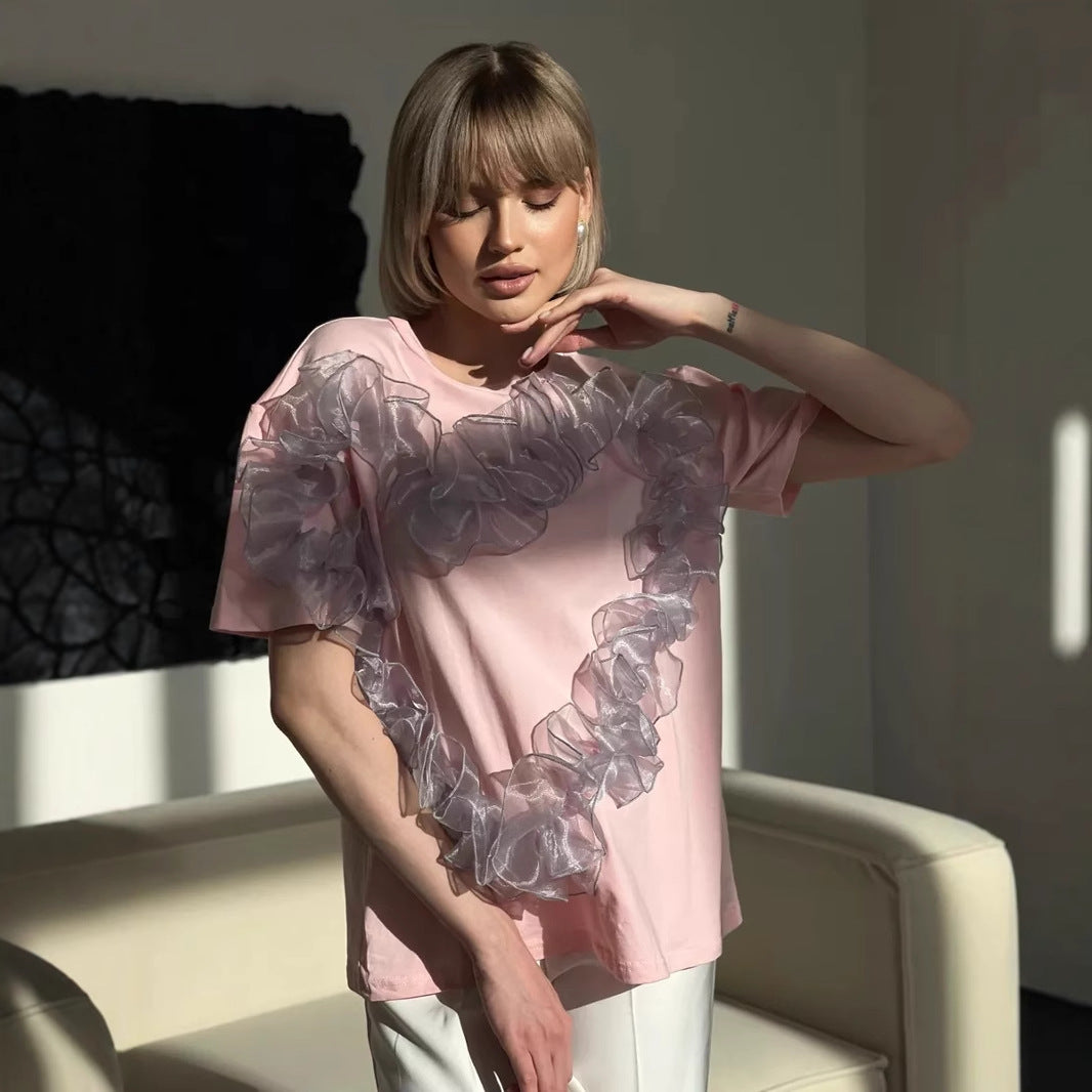 Love Pleated Stitching T shirt Women round Neck Loose Fitting Pure Cotton Top