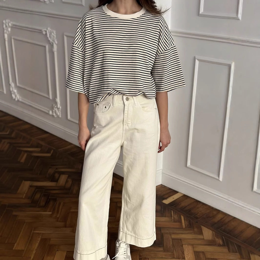 Black White Striped Short Sleeved T shirt for Women Spring Summer Contrast Color Loose T shirt round Neck Casual Top Bottoming Shirt