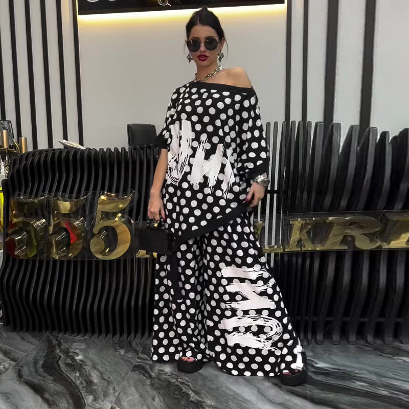 Summer Elegant Sexy Print Top Wide Leg Pants Two Piece Sets
