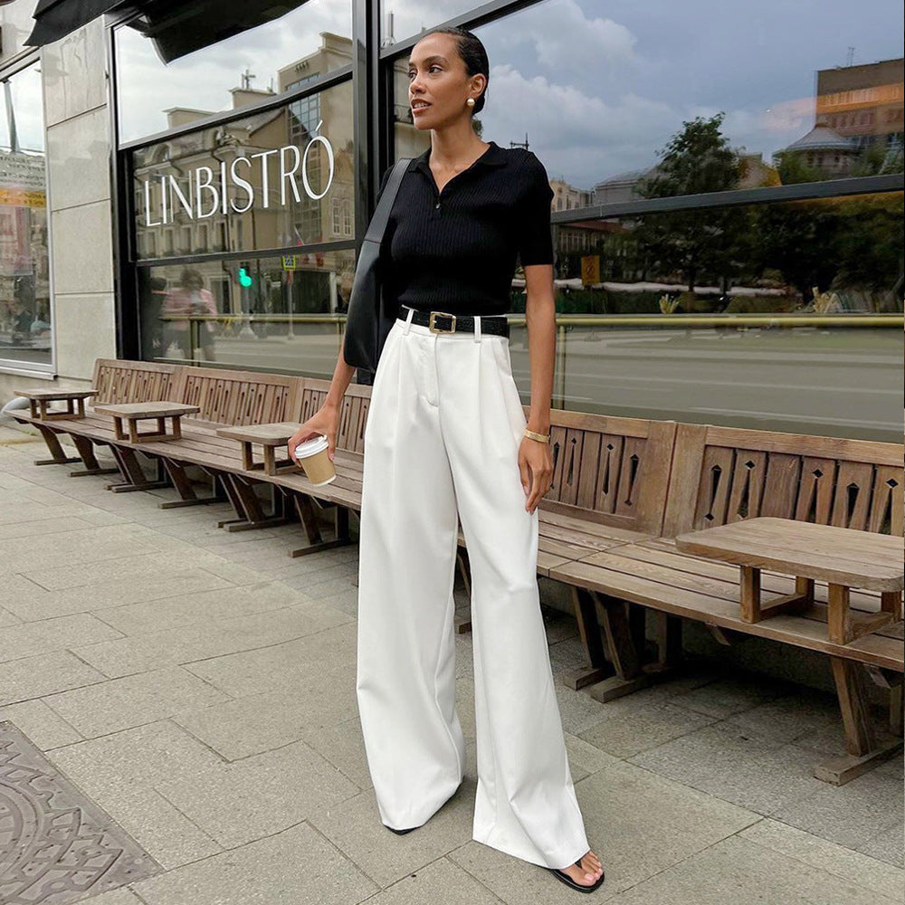 Pure White Trousers for Women Autumn Winter High Waist Wide Leg Pants Office All Matching Casual Trousers