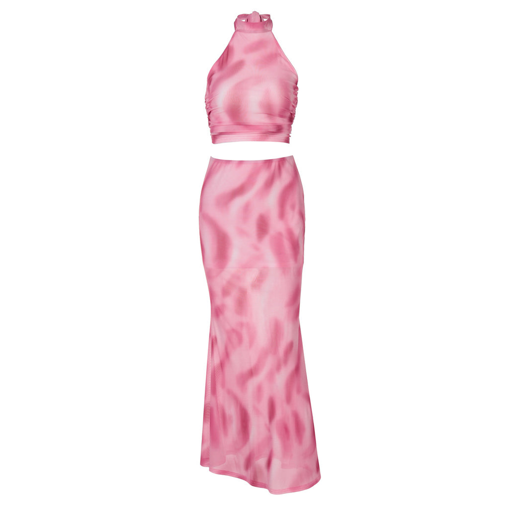Summer Women Clothing Sexy Halter Backless Print Mesh Skirt Two Piece Set