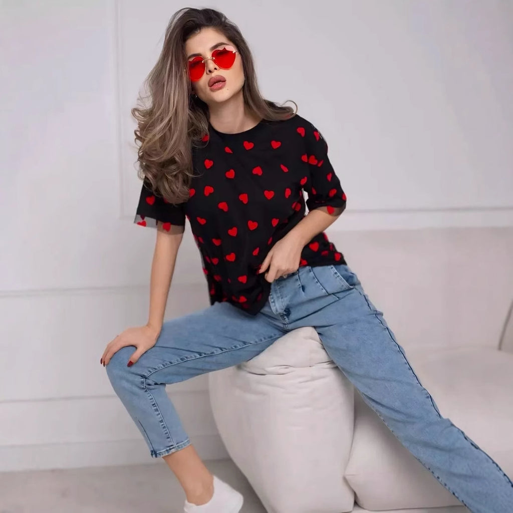 Sexy Women Clothing Love Mesh Stitching Loose Basic round Neck Short Sleeve T shirt