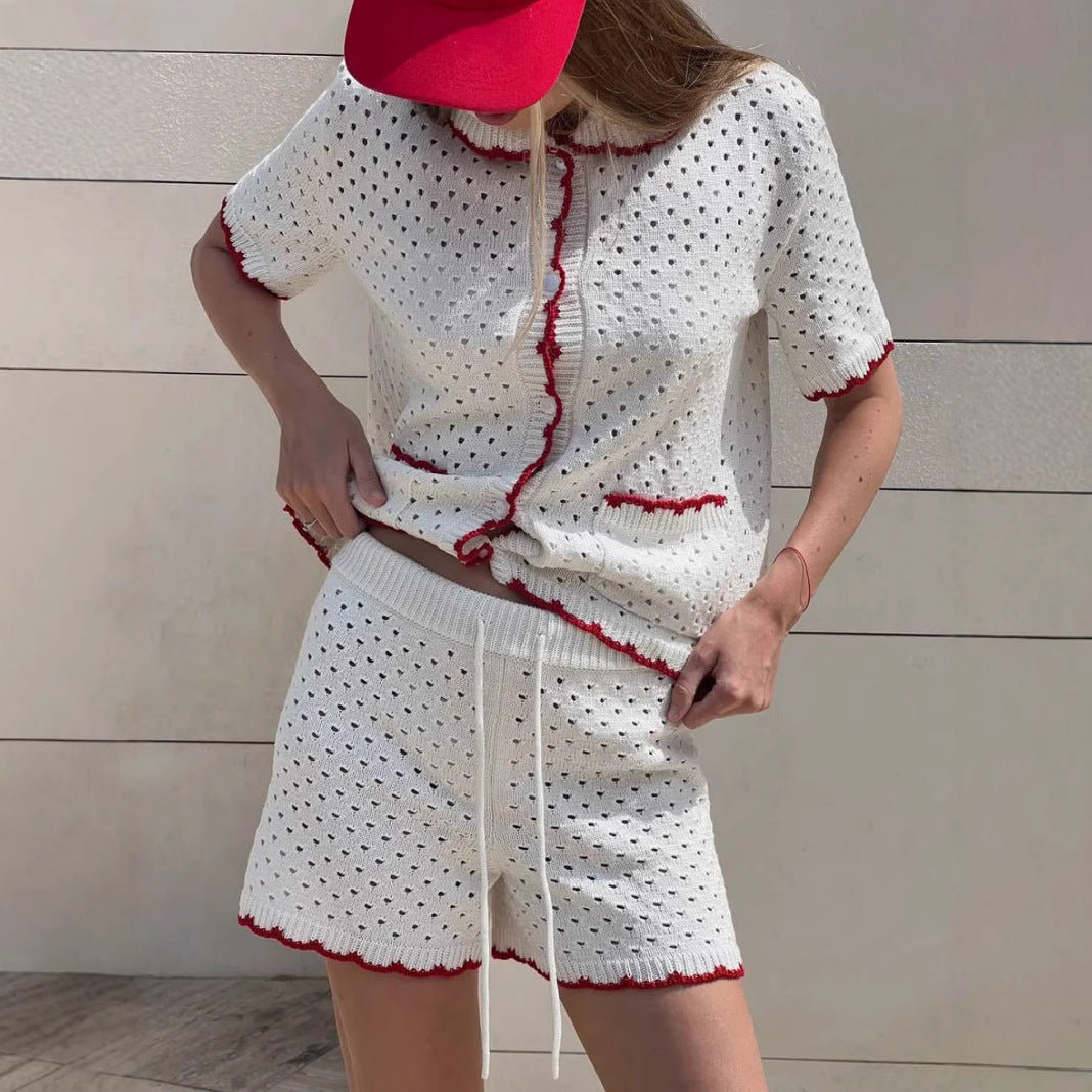 Casual Short Sleeve Single Breasted Col Claudine Top Elastic A line Slimming Shorts Contrast Color Knitting Two Piece Sets