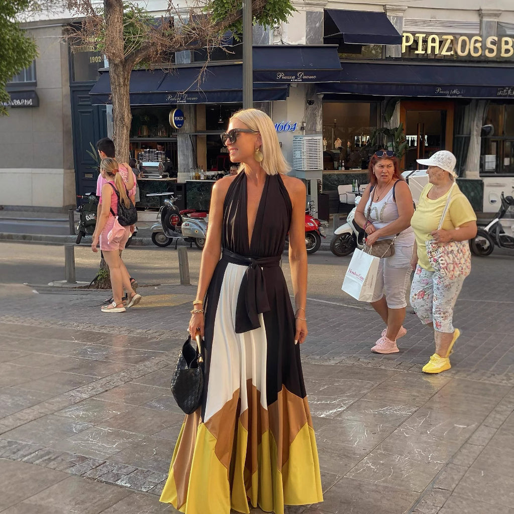 Internet Celebrity Same Dress Color Matching Lace up Backless Sexy Large Swing Dress